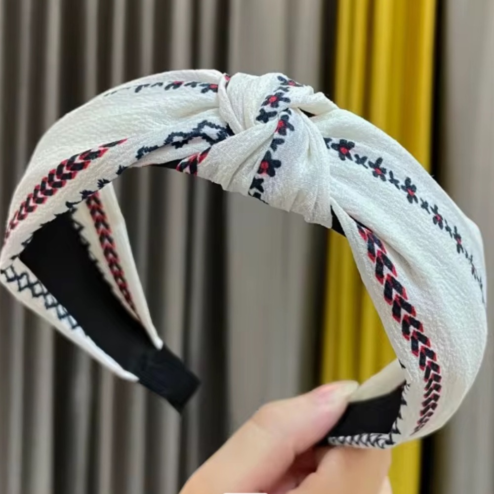 White and Navy Boho Headband with Topknot